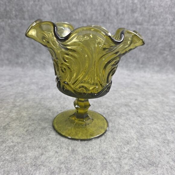 Imperial Atterbury Scroll Green Ruffled Glass Compote Olive Verde Candy Dish - Picture 12 of 13